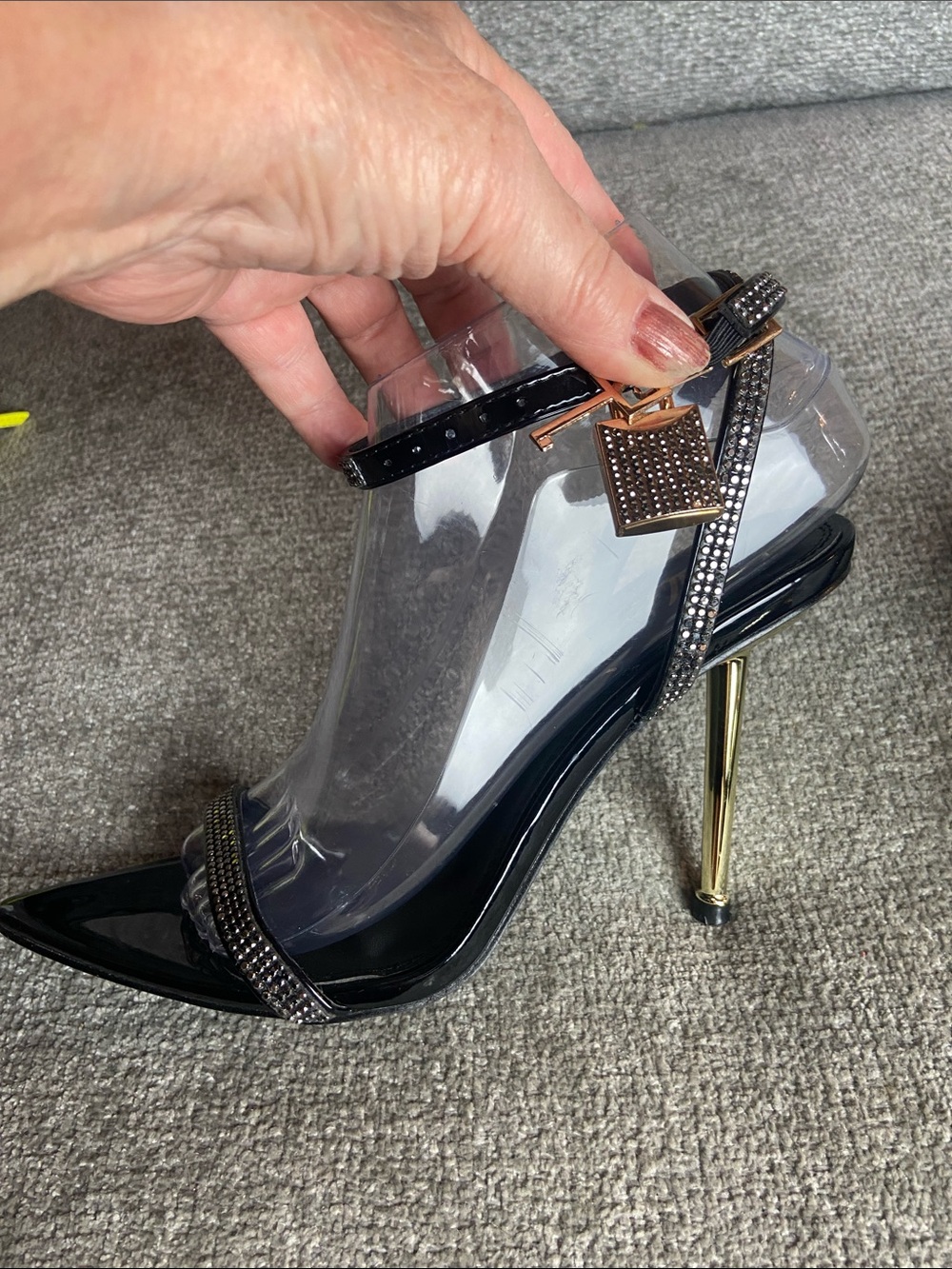 Liliana Black Patent Rhinestone Straps Stiletto Sandals with Gold Heel 8